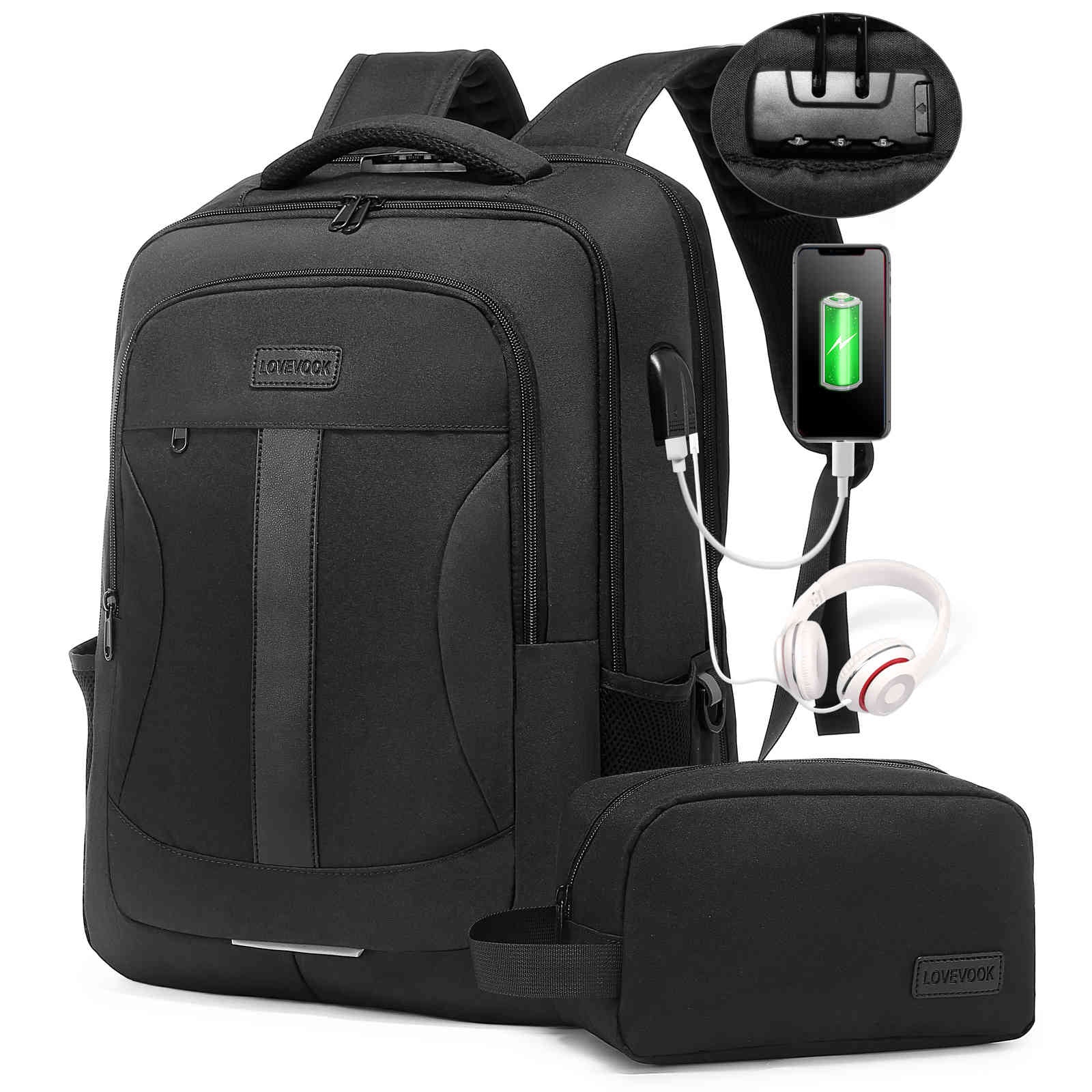LOVEVOOK Travel Laptop Backpack Waterproof Anti Theft Backpack with Lock  and USB Charging Port Large Computer Business Backpack for Men Women  College