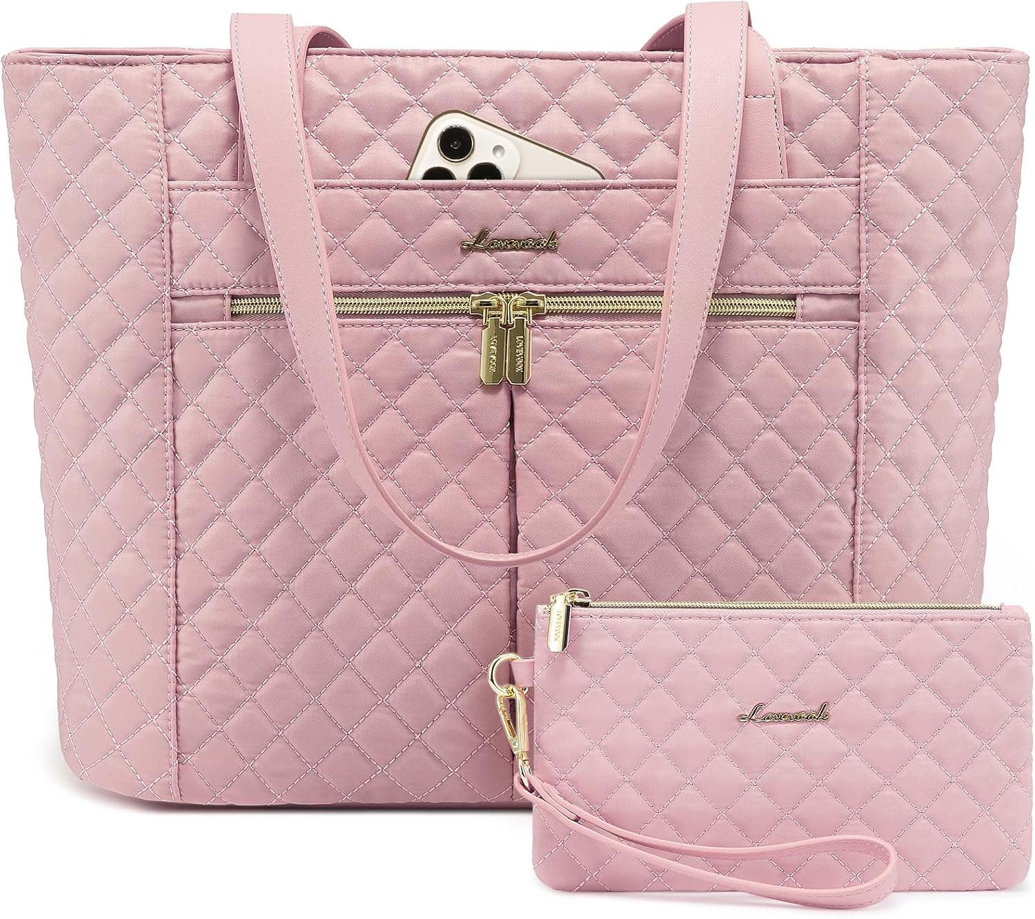 2Pcs Diamond Quilted Tote Bag, 15.6" 17"