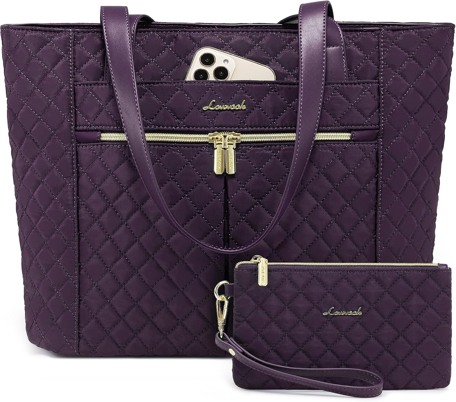 2Pcs Diamond Quilted Tote Bag, 15.6" 17"