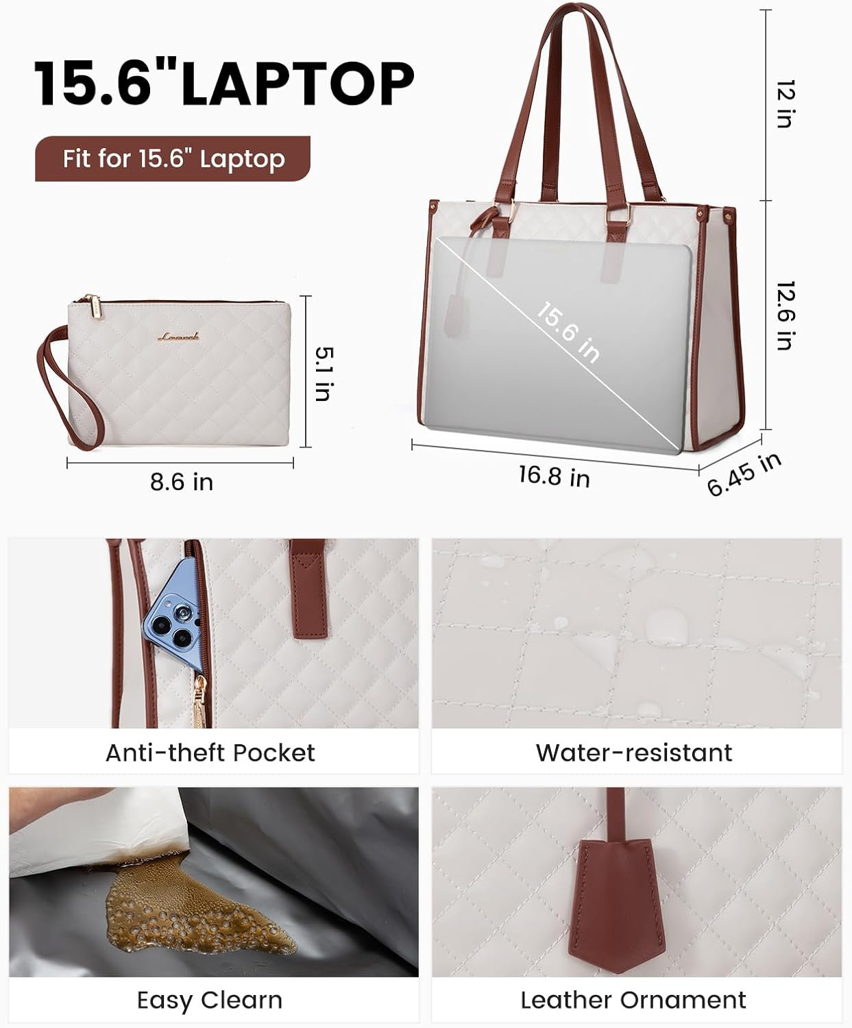 2Pcs Lunch Tote Shoulder Bag, 15.6"