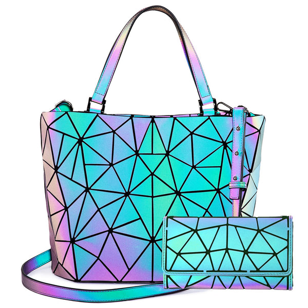 3-piece Rainbow Luminous Geometric Shoulder Bags Backpacks Wallet 2021  Multi-Colors Street Wear Casual Holographic