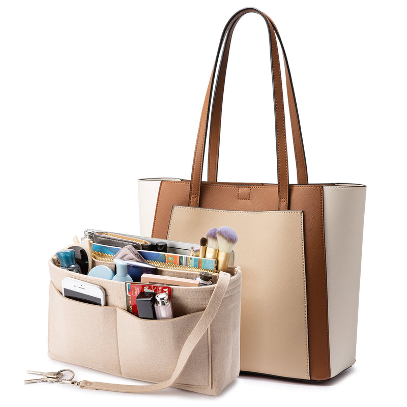  Vegan Leather Tote Bag Organizer Insert with Laptop Compartment, Bag Organizer for Tote with Many Pockets to Keep Everything in Place