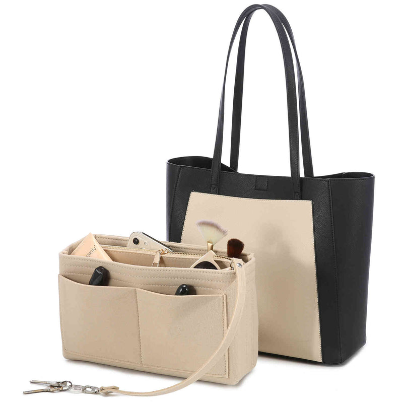 Vegan Leather Tote Bag Organizer Insert with Laptop Compartment Large, Beige